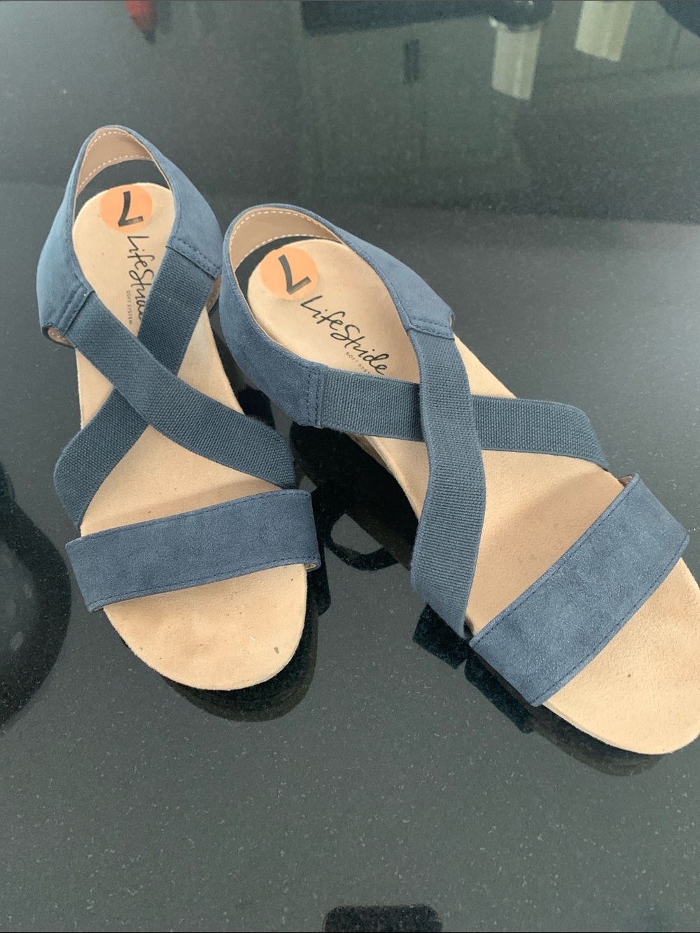Life Stride Blue Crisscross Elastic Strap Women’s Sandals